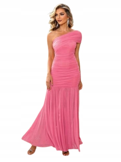 Shein Dlouhé Růžové Šaty Na Jedno Rameno S Vráskami Xs 1JA