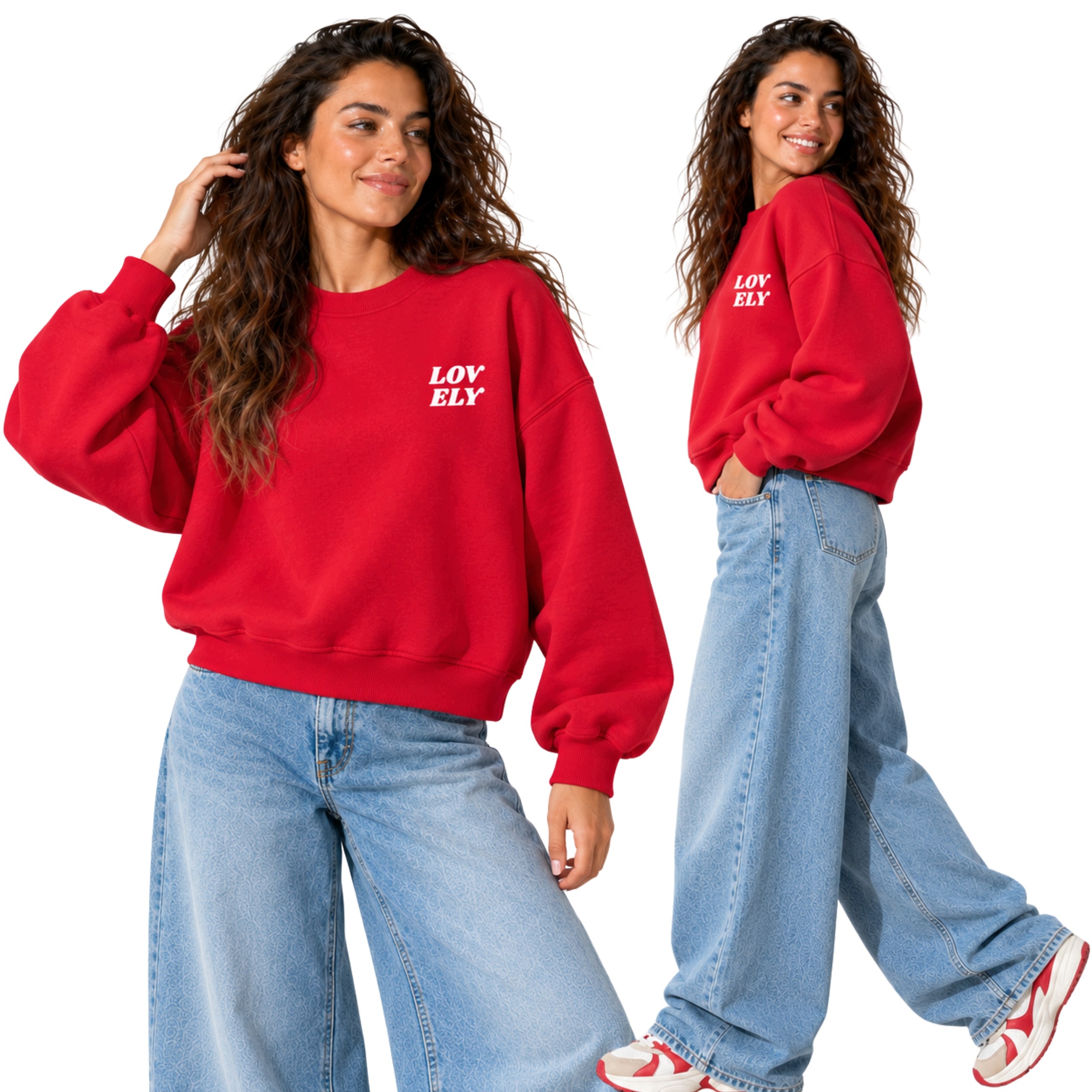 Mikina Červená Lovely Oversize Teplá Bavlna Bez Kapuce One Size