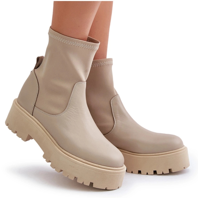 Kotníkové Boty Zasouvací Plochý Podpatek Platforma Kůže Zazoo 2947 Béžová 37