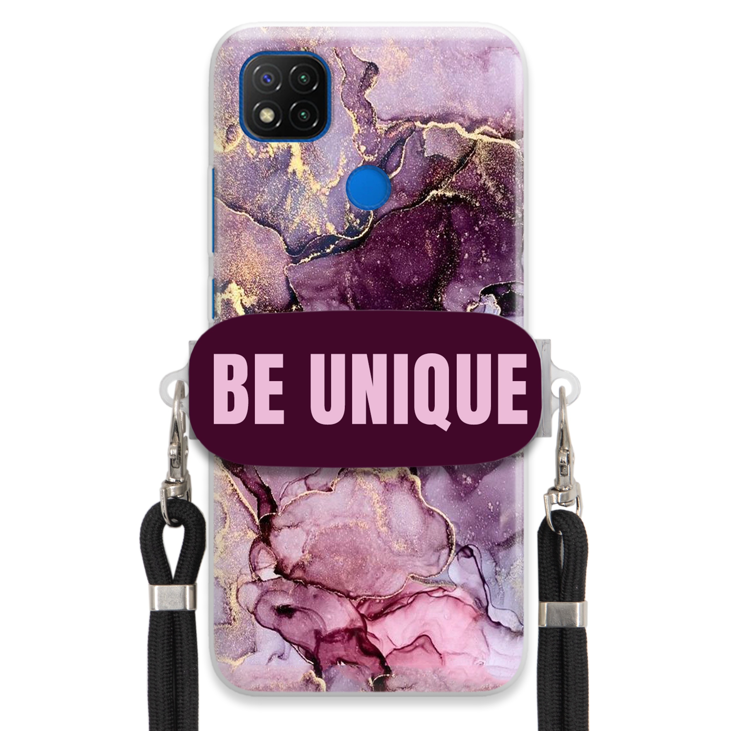 Pouzdro pro Xiaomi Redmi 9C úchytka na šňůrku Černá Fialová Mramorová Be Unique