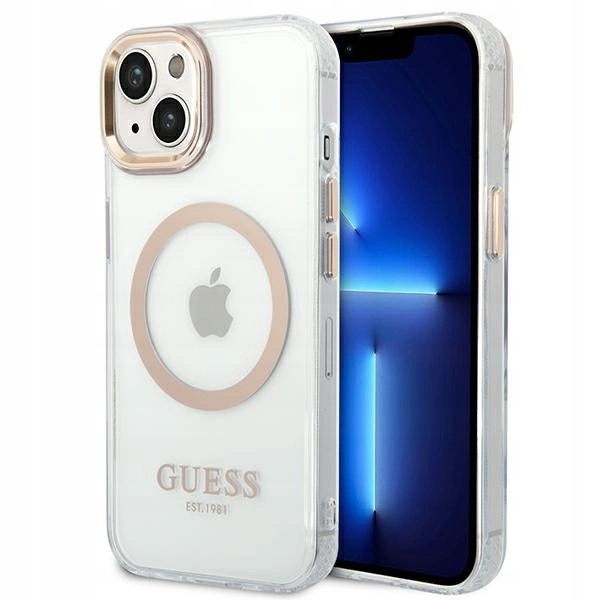 Pouzdro Guess Metal Outline MagSafe pro iPhone 14 Plus zlaté