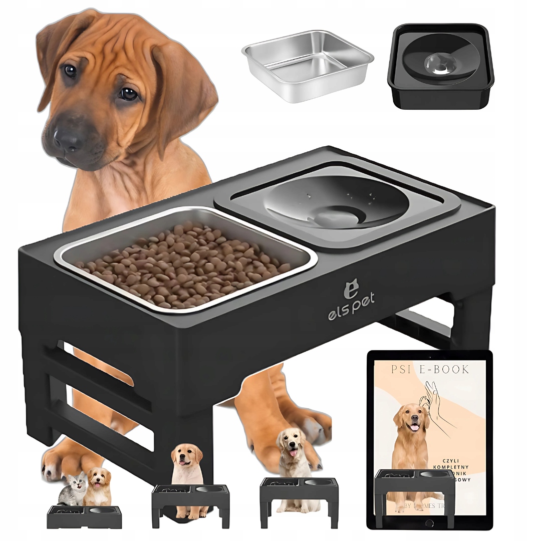 Levně Miska pro psa kočku Nastavitelná výška, dvojitá, nekapající, kovová, 2v1