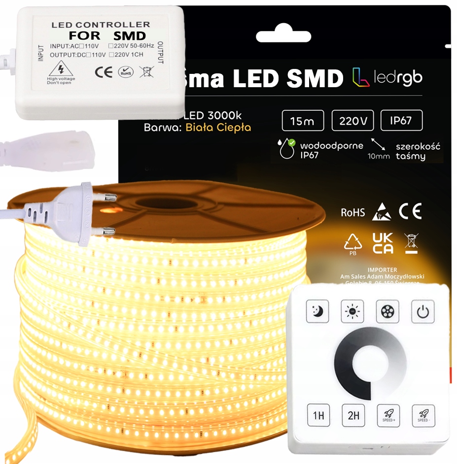 Set Led pásek Smd 230V 15m 3000K Bílý Teplý Stmívač Dálkový Ovladač Rf IP67
