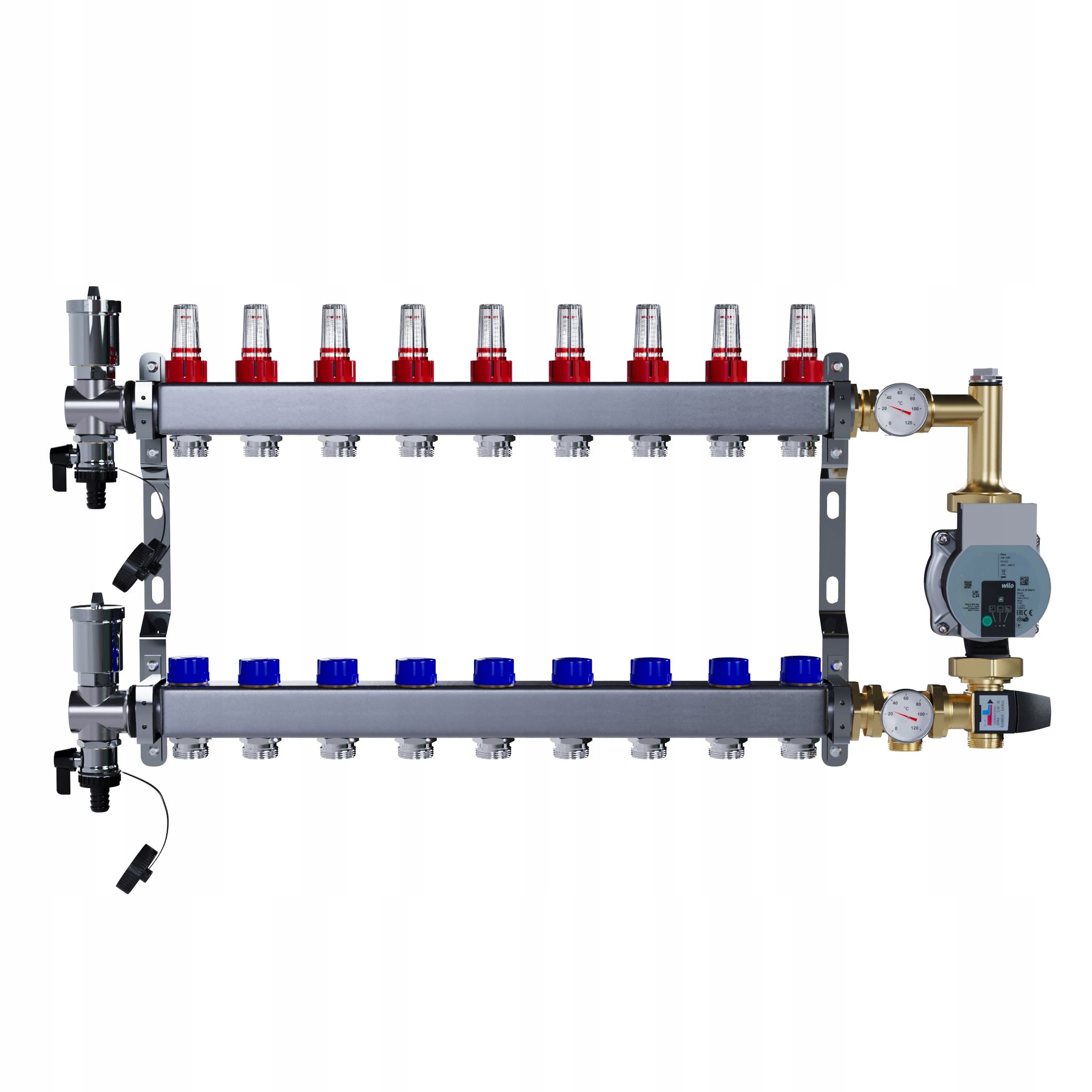 Rozdělovač pro podlahové vytápění 9 okruhů nerezový Čerpadlo Wilo