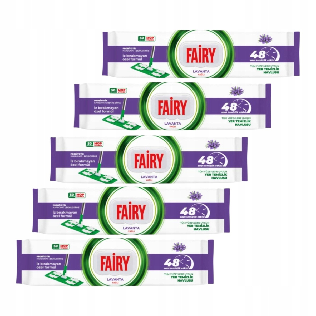 Levně 5xVelké vložky do mopu Fairy vlhčené ubrousky na jedno použití Levandule 50 ks