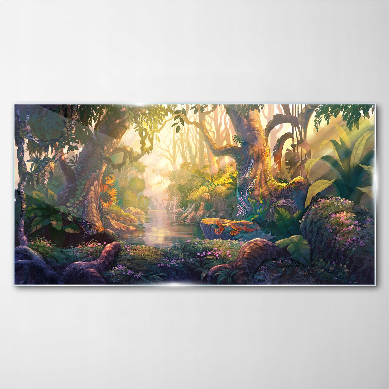 

Szklany obraz Fantasy las rzeka kwiaty 140x70 cm
