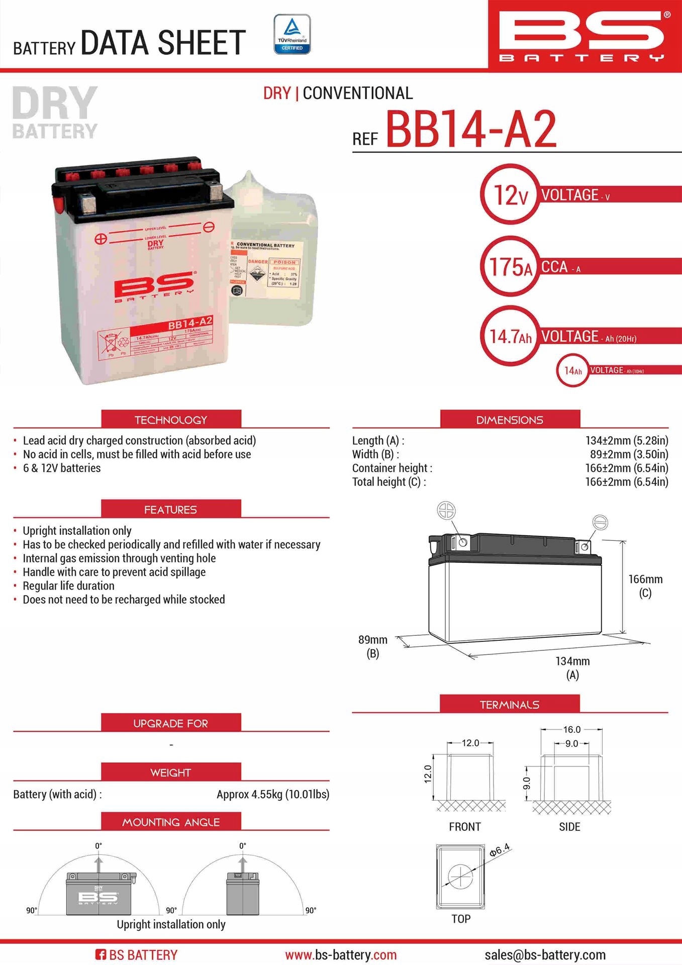Bs Batéria BB14-A2 (YB14-A2) 12V 14AH 134X89X166 Podpora Elektrolyt