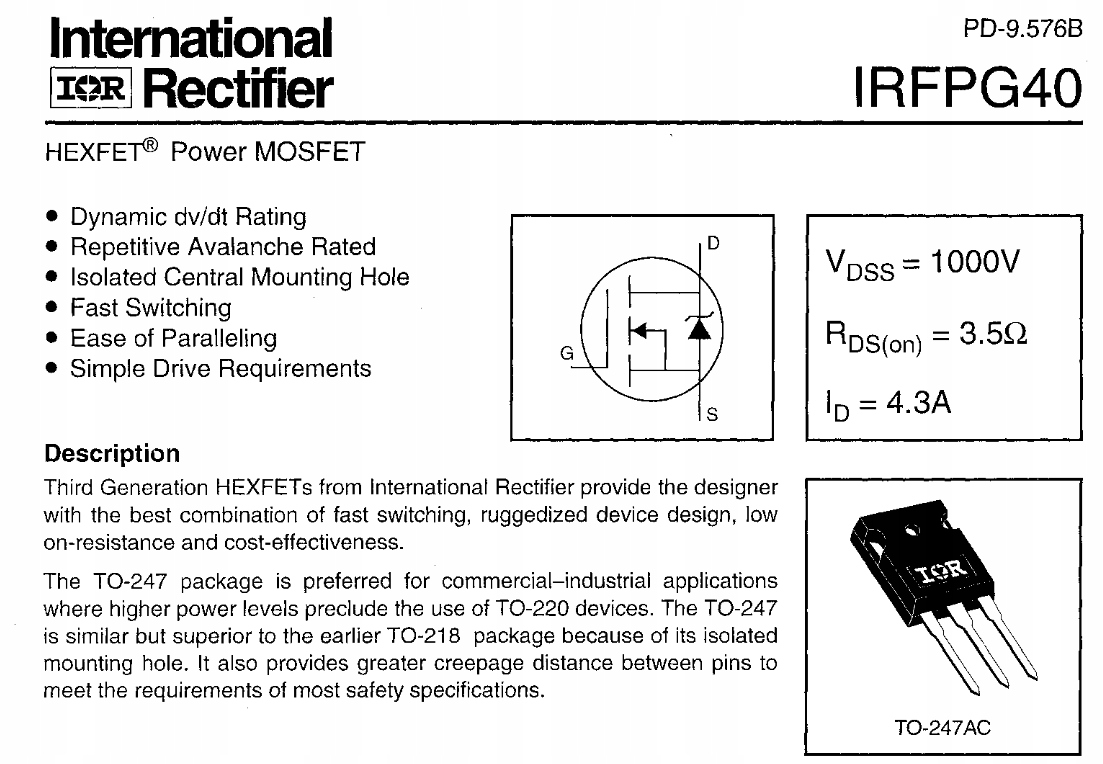 [1szt] IRFPG40 tranzystor N-MOSFET 4.3A 1000V 150W Kod producenta IRFPG40