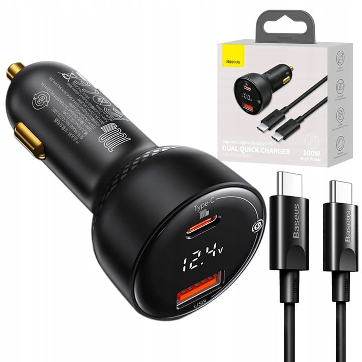 Baseus Supreme ładowarka samochodowa 100W 1xUSB 1xUSB-C + kabel C-C MacBook