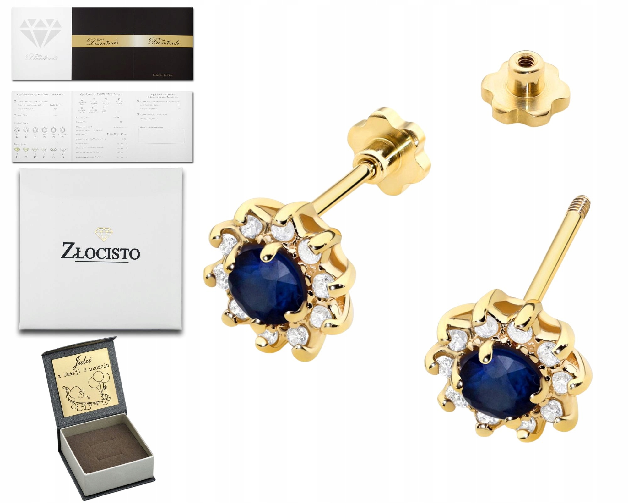 Zlaté Náušnice Se Safírem A Diamanty Na Šroubovací Tyči Zlato 585