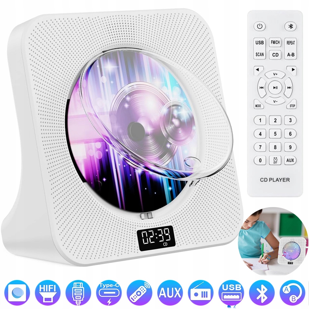 Přenosný CD Přehrávač 5.0 Fm Usb Aux S Displejem A Časovačem, Bílý