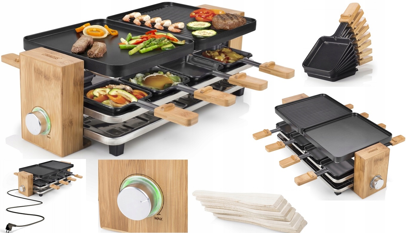 LuX Dwustronny Grill Raclette Płyta 8 Patelek termostat Obudowa Bambusowa