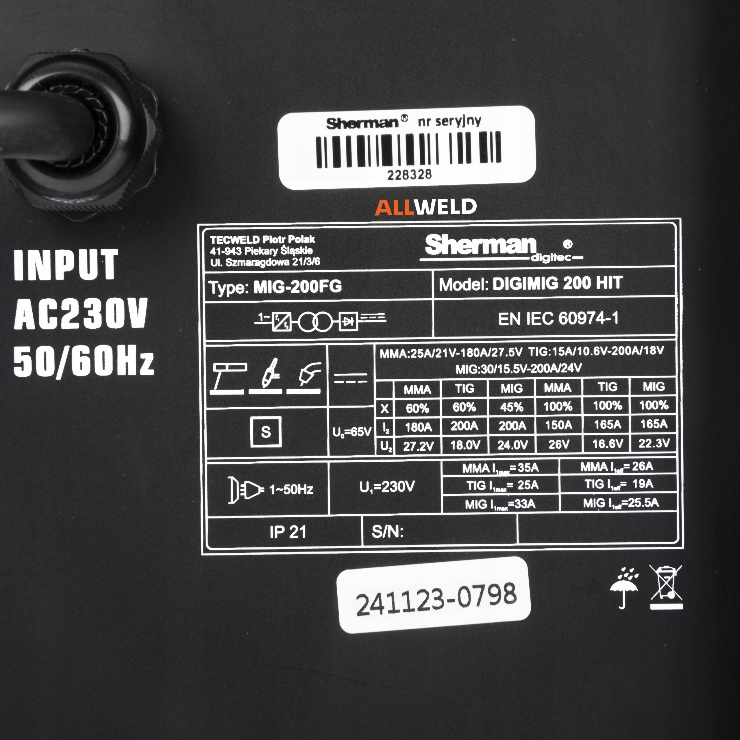 SPAWARKA INWERTOROWA SHERMAN DIGIMIG 200 HIT SYNERGIA MIG MMA TIG 200A 230V Metody spawania MIG/MAG MMA TIG