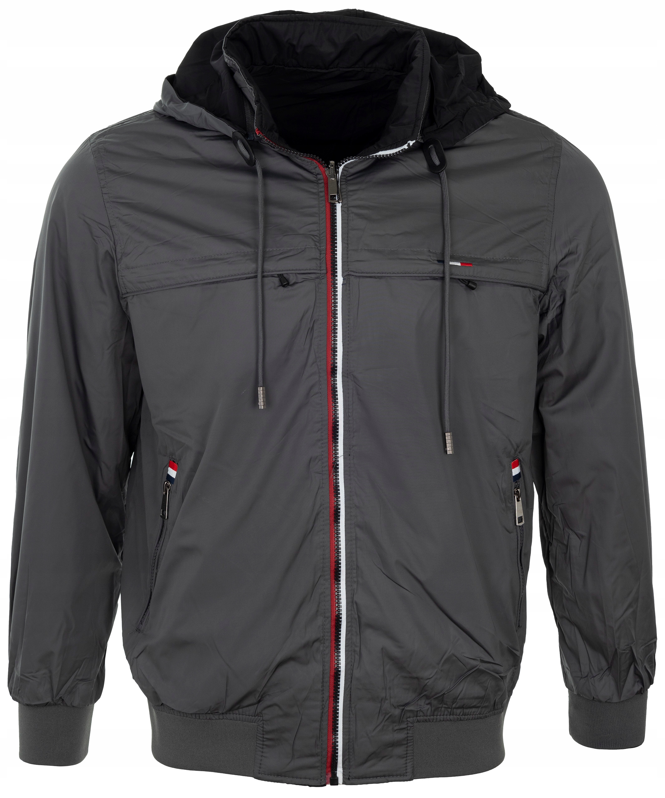 Pánská přechodová bunda Šedá Oboustranná Větrovka Kapuce Stahovací pásky Vel. L