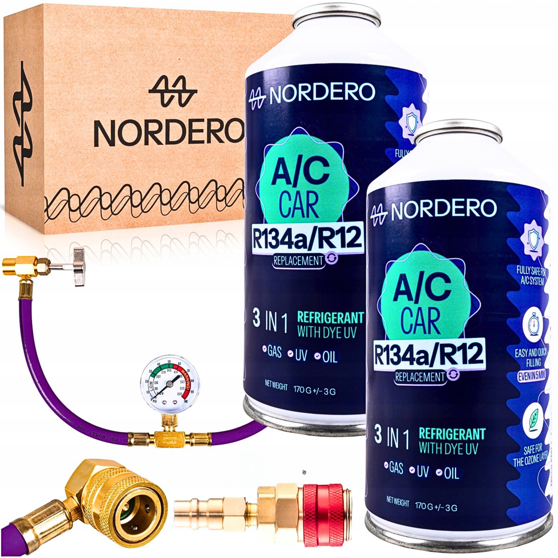 Nordero 2x Plyn R134a Sada pro plnění klimatizace adaptér hp/lp