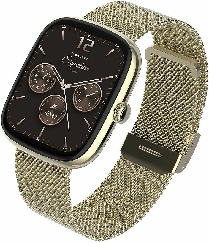 Elegantní Dámské Chytré Hodinky Obdélníkové Garett Zlatý Slim Flow Pásek Mesh