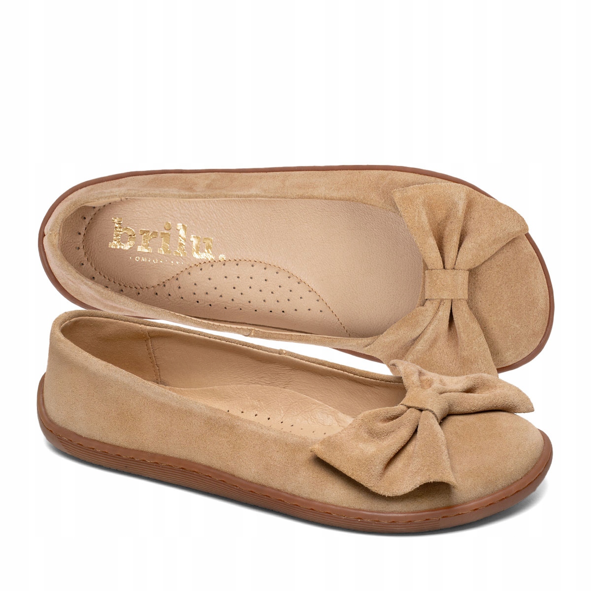 Brilu Polskie Damskie Skórzane Baleriny Barefoot Kokarda Amber Beżowe 37
