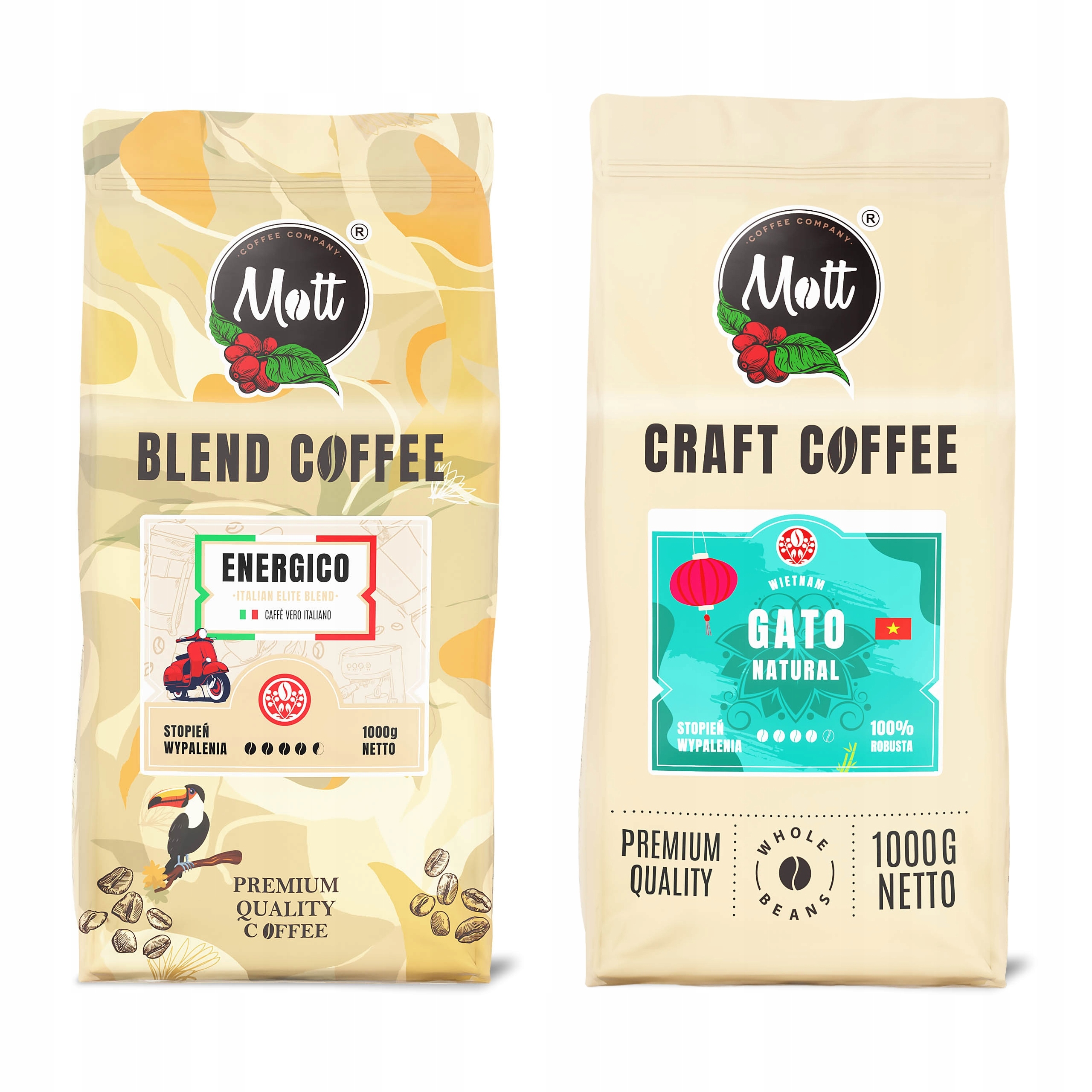 Levně Čerstvě pražená sada zrnkové kávy 1 kg x 2 Mott Coffee Arabica Robusta