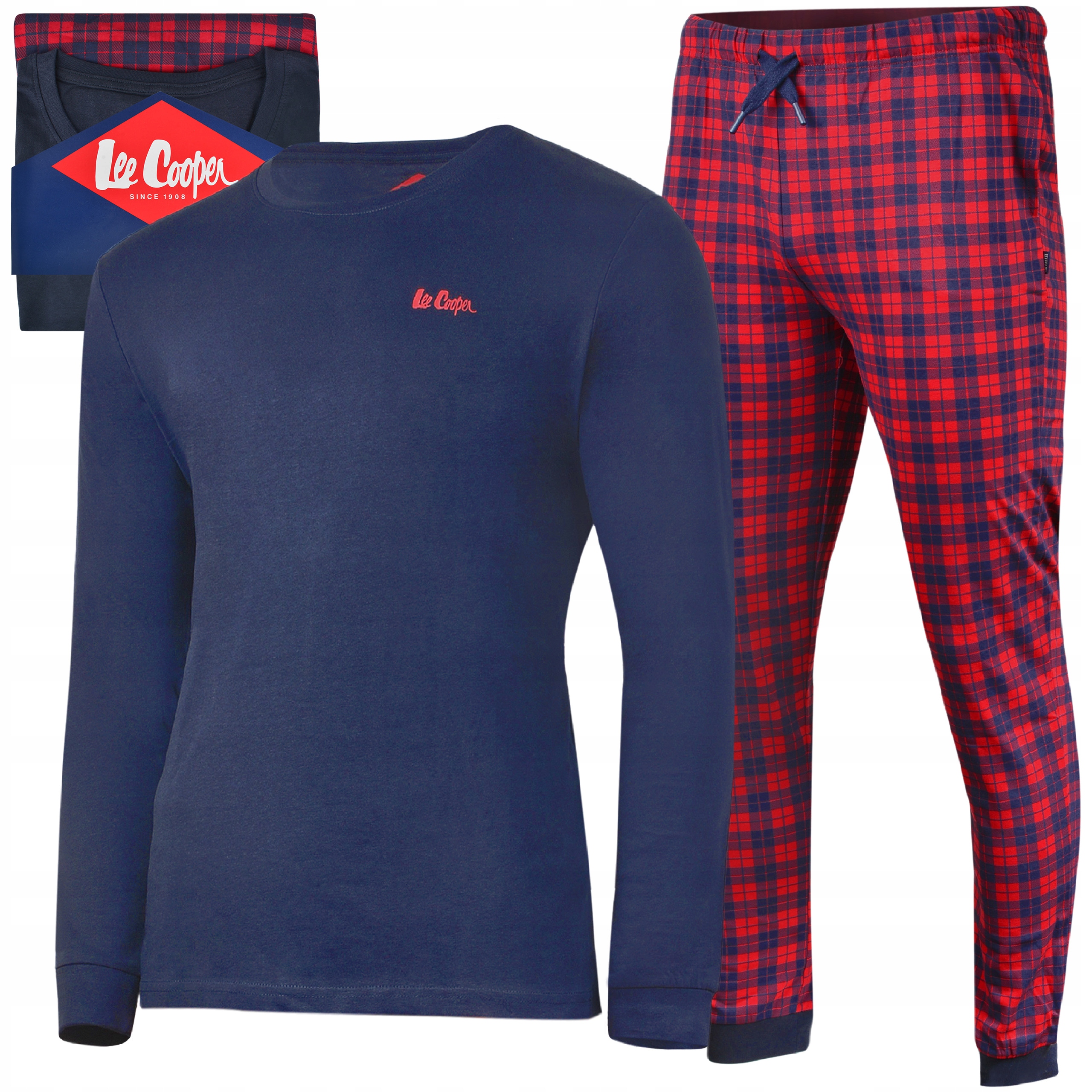 Lee Cooper Dlouhé pánské pyžamo Mřížka Tmavě modrá Bavlna 2025 Velikost XXL