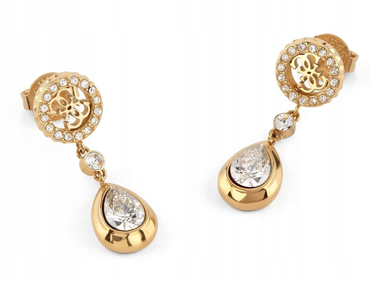 Ocelové Zlaté Náušnice Guess 4G Light Křišťály Slzy JUBE05235JWYGT/U
