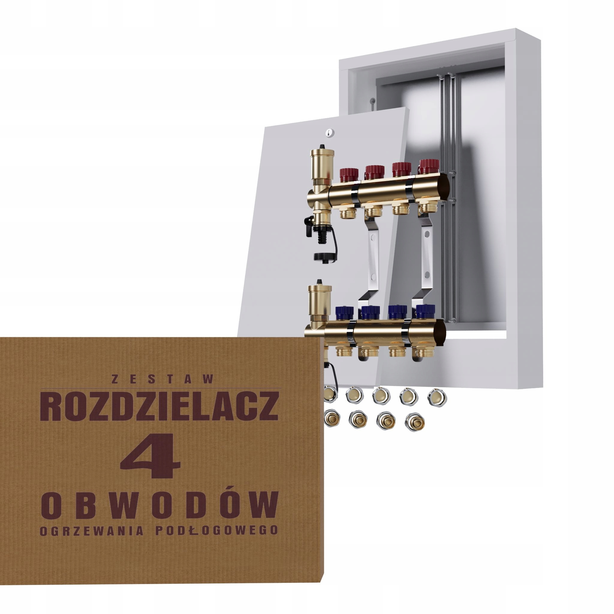 Manuální rozdělovač 4 okruhy pro radiátory nástěnná skříňka Pex