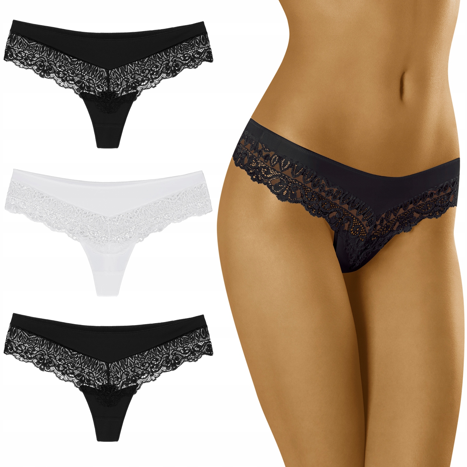 Wol-Bar Sirtaka 3-balení Kalhotky šortky-tanga černá-černá-bílá S