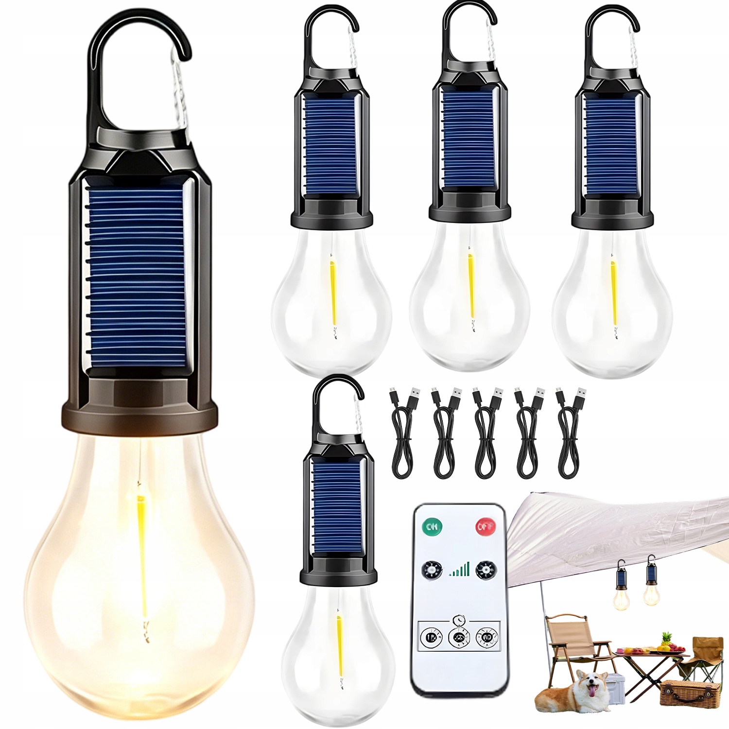 Lampa Turystyczna Żarówka Solarna Kempingowa Ściemniana IPX4 Ciepła 5 Szt