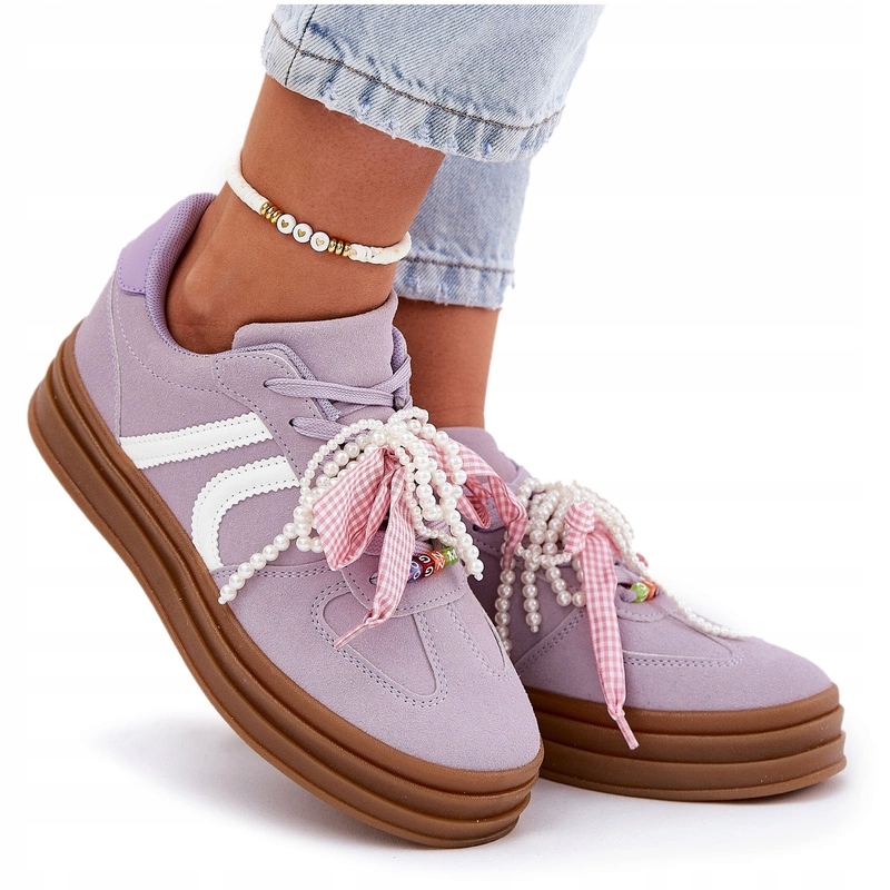 Sneakersy Damskie Na Platformie Eko Zamsz Przypinki Koraliki Fioletowe 39