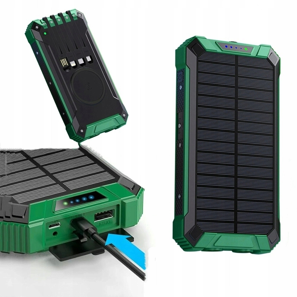 Solární Powerbanka 10000 Mah Zelená S Usb Svítilnou, Čtyři Nabíjecí Kabely