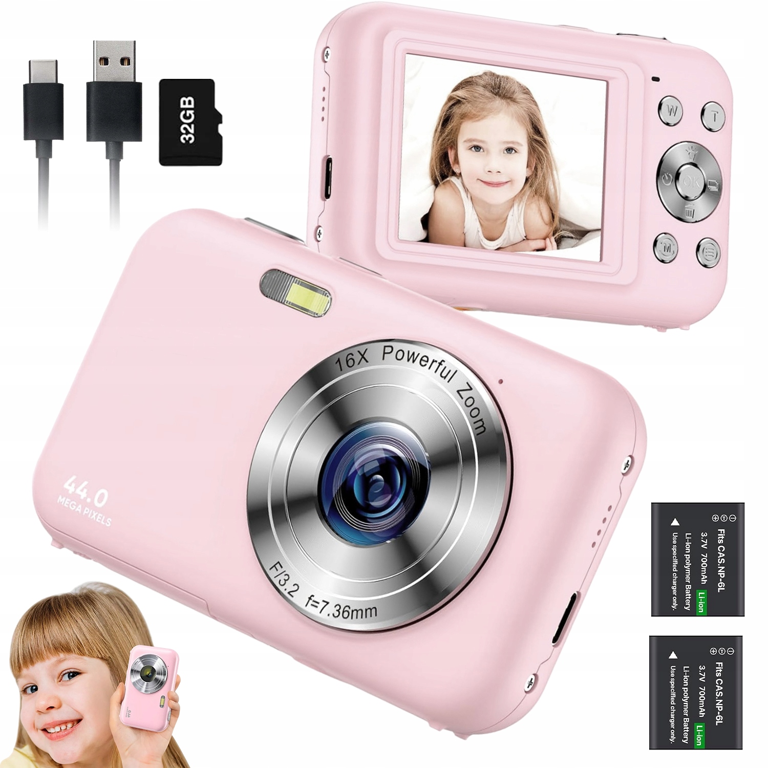 Digitální Fotoaparát 1080P Senzor Cmos 16X Zoom 32GB Přenosná Paměť Růžová