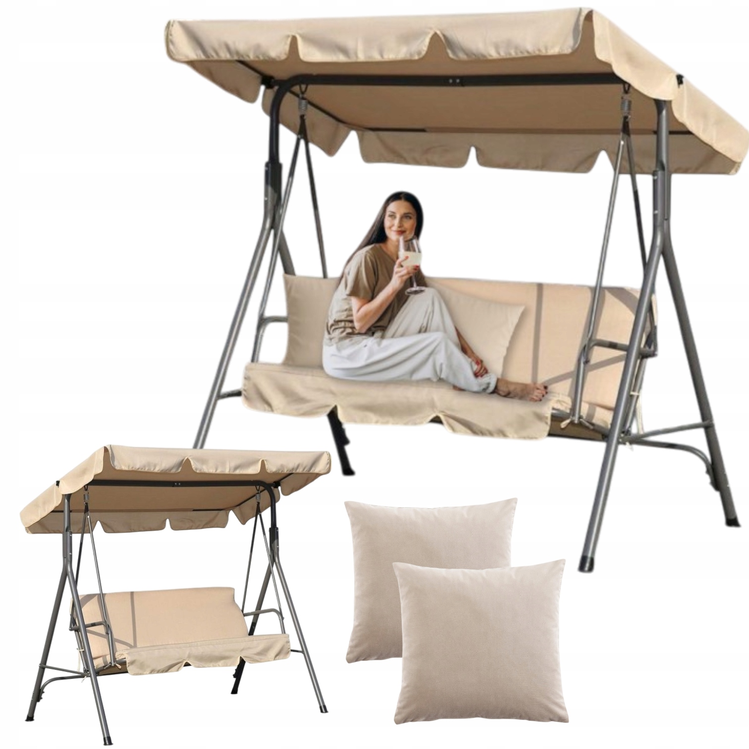 Huśtawka Ogrodowa Bujana Kremowa 3 Osobowa Wolnostojąca Poduszki