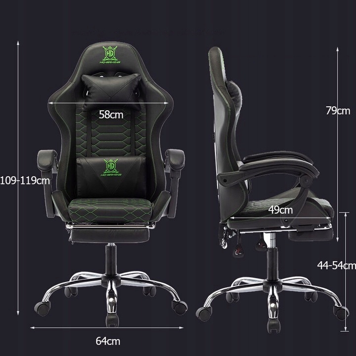 HQ FOTEL GAMINGOWY BIUROWY KRZESŁO GRACZA OBROTOWY+MASAŻ+PODNÓŻEK Głębokość siedziska 49 cm