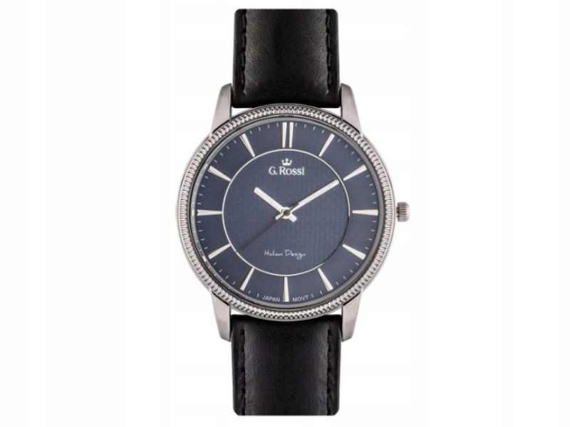 Pánské hodinky s řemínkem z přírodní černé kůže, modrý velký ciferník