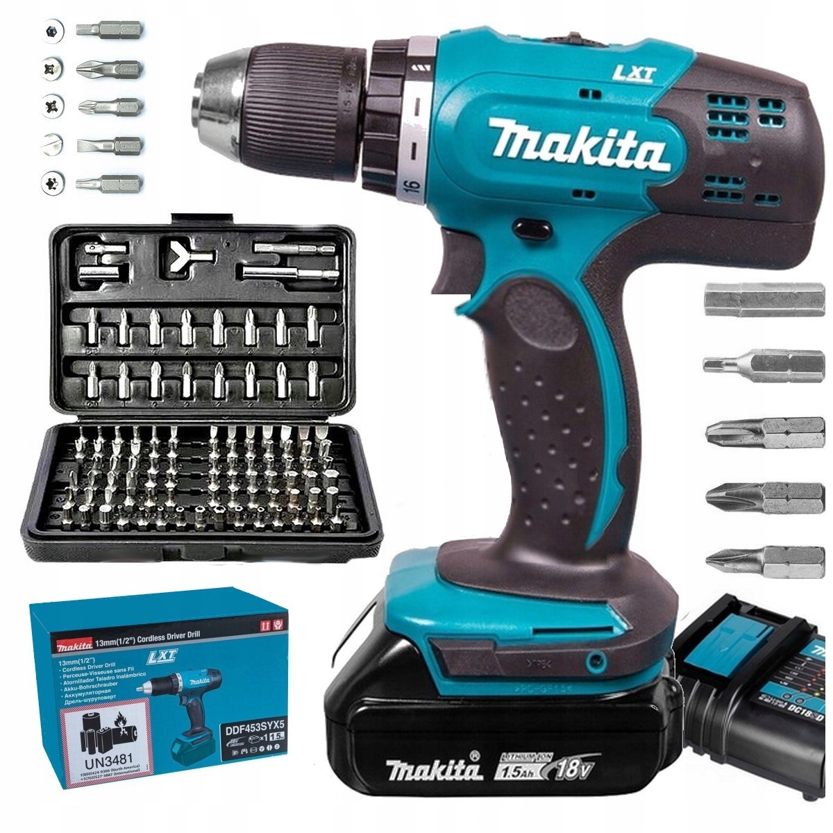 Makita Wiertarko Wkrętarka Gotowy Zestaw 18v 1x aku 1,5 Ah Torx Bity 100 El