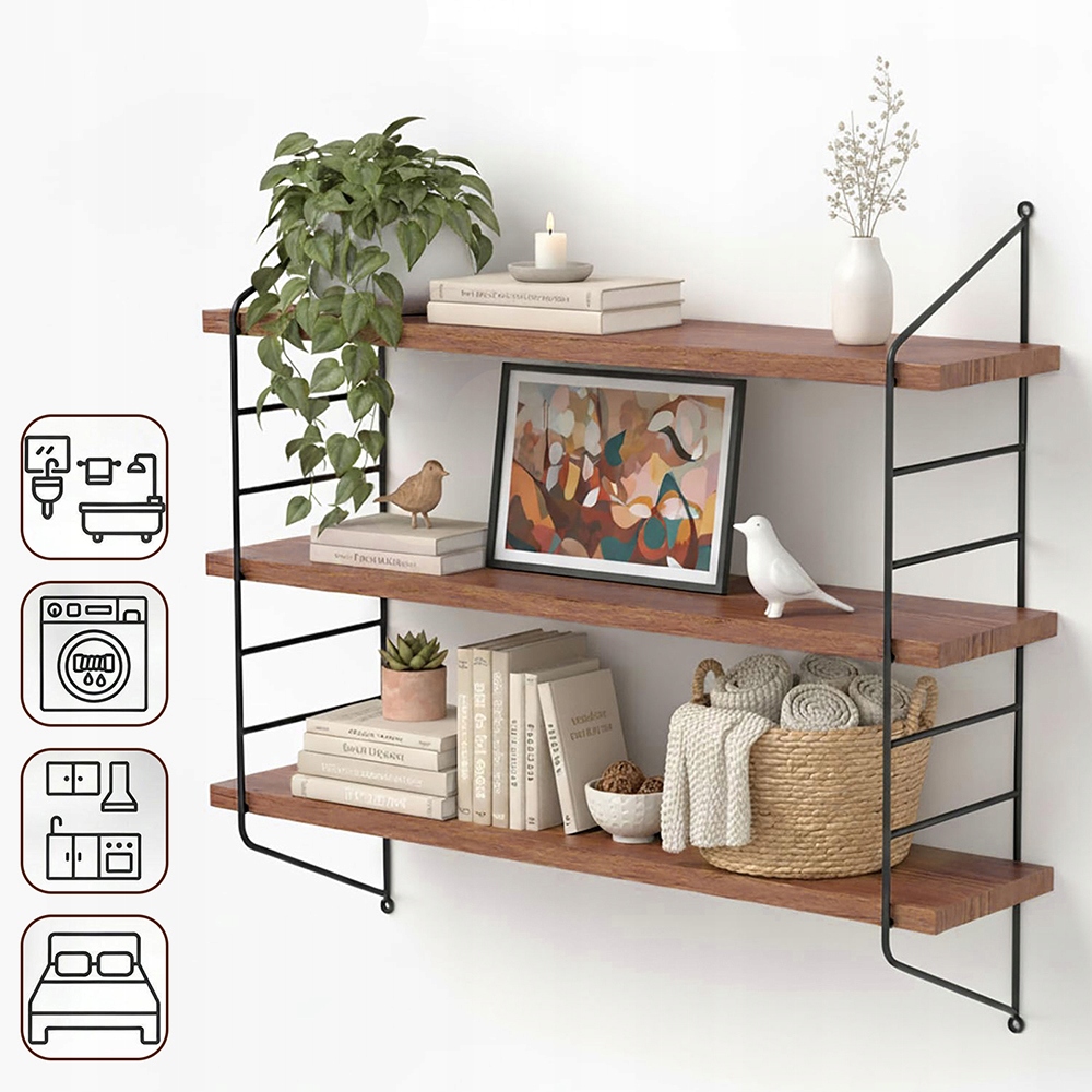 Černá Kovová Polička Na Stěnu Loft Obývací Pokoj Závěsná 51.5x12x58.5 cm