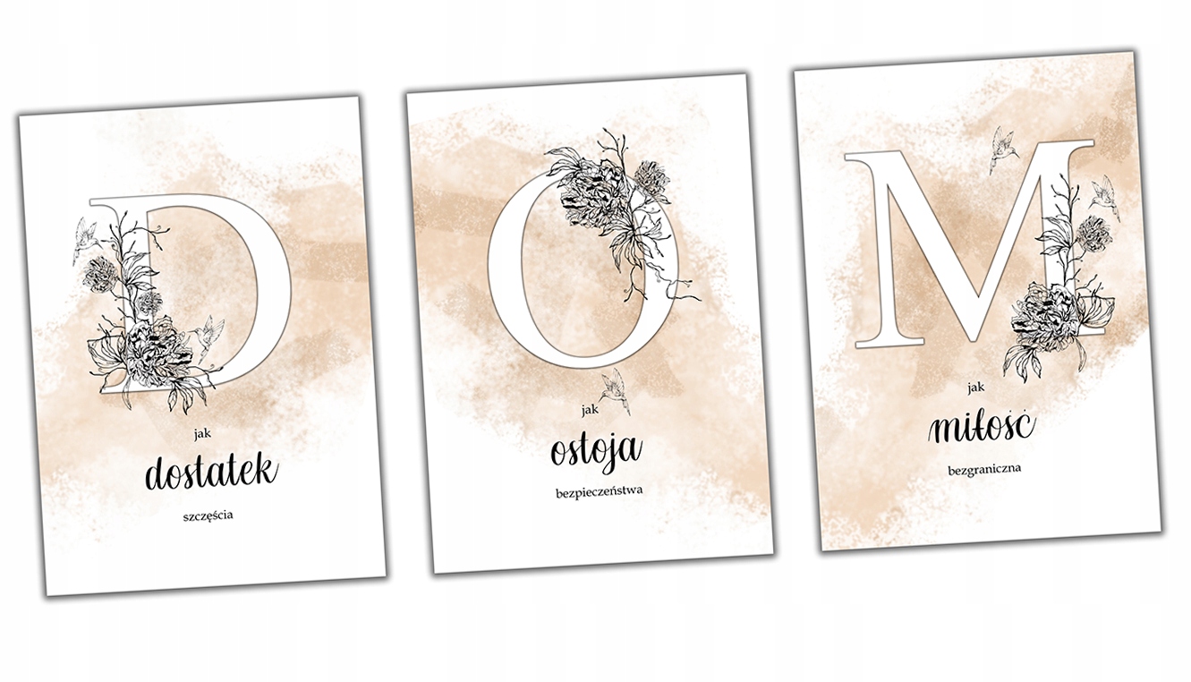 

3 x plakat dom miłość ostoja litery cytat beż a4