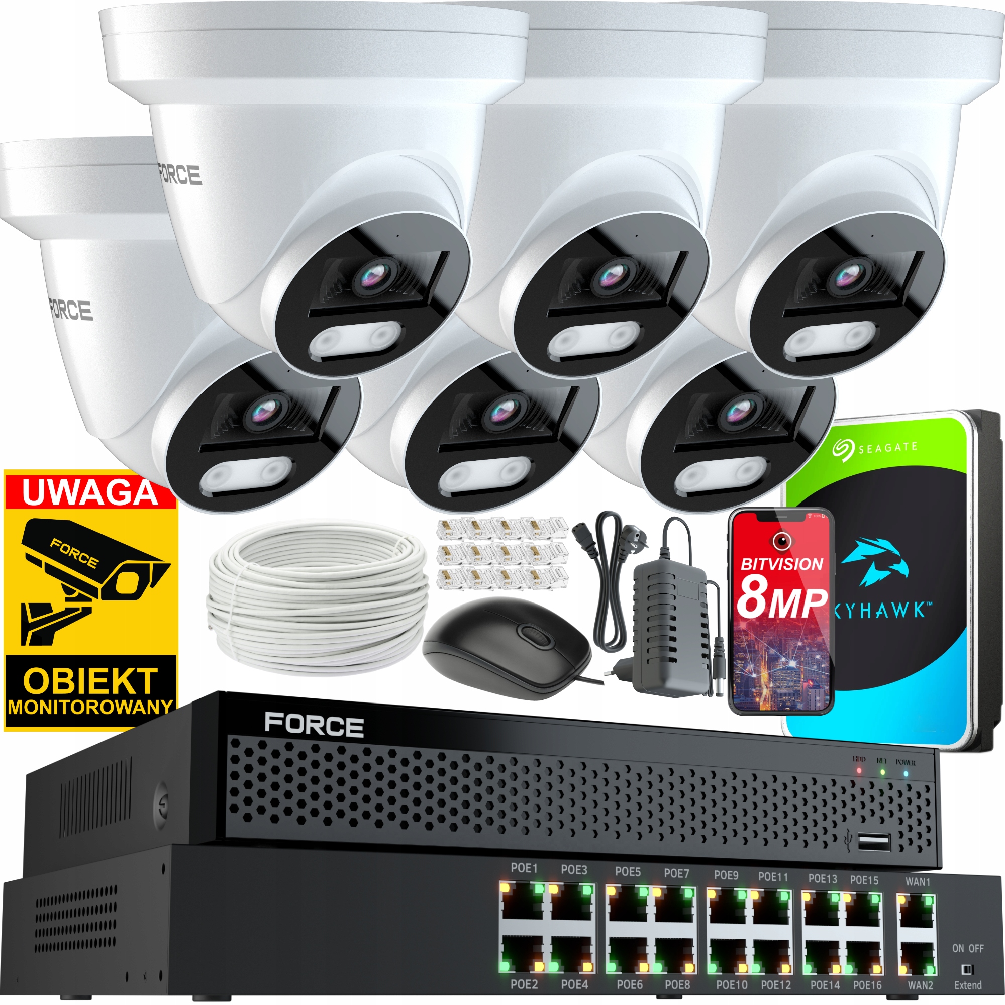 Force Monitorovací sada 6x Ip kamera 8MPx 4K, Disk 1TB Switch Poe 16CH