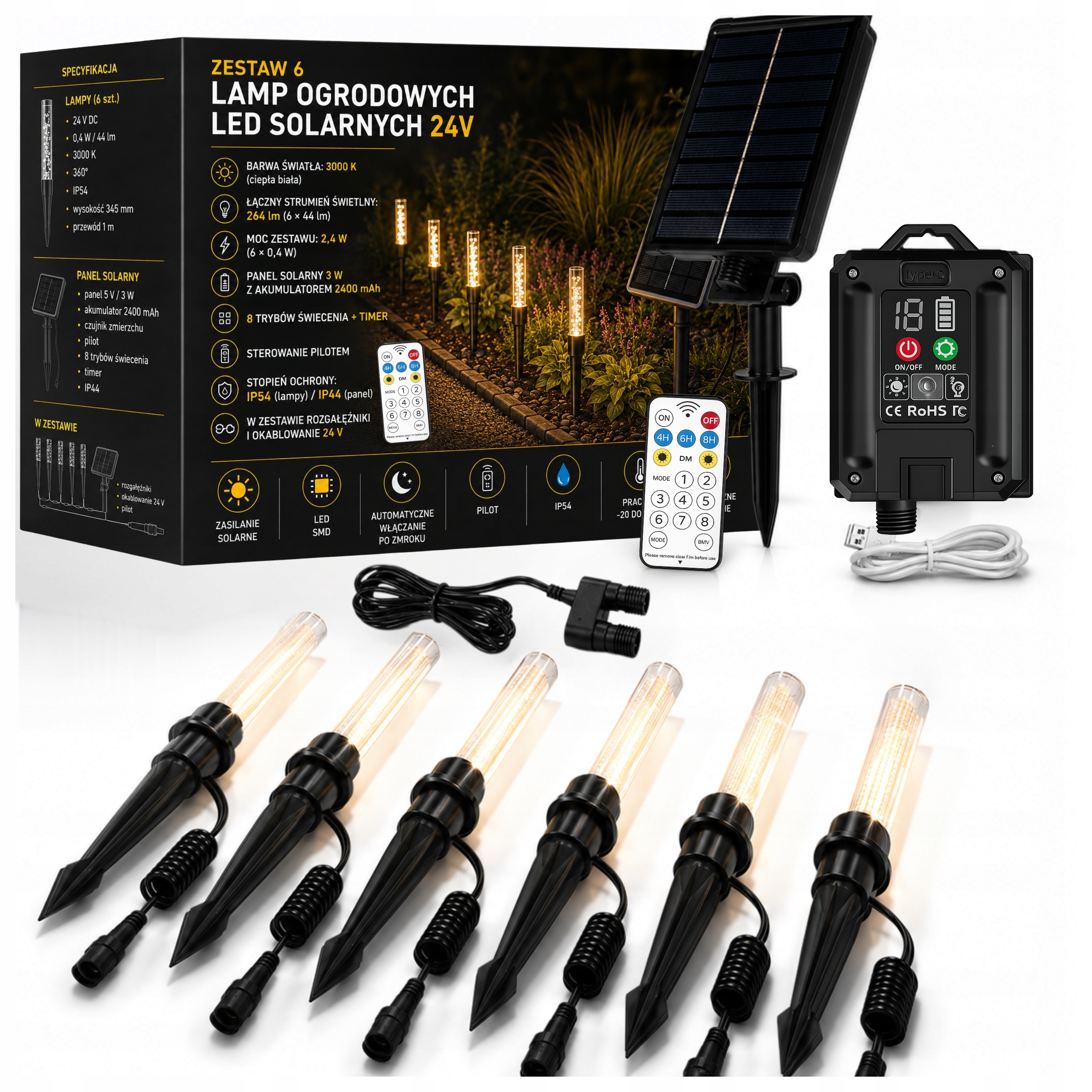 6x Solárna záhradná lampa zapichovacia pozemná 3000K vonkajšia zemná diaľkové ovládanie