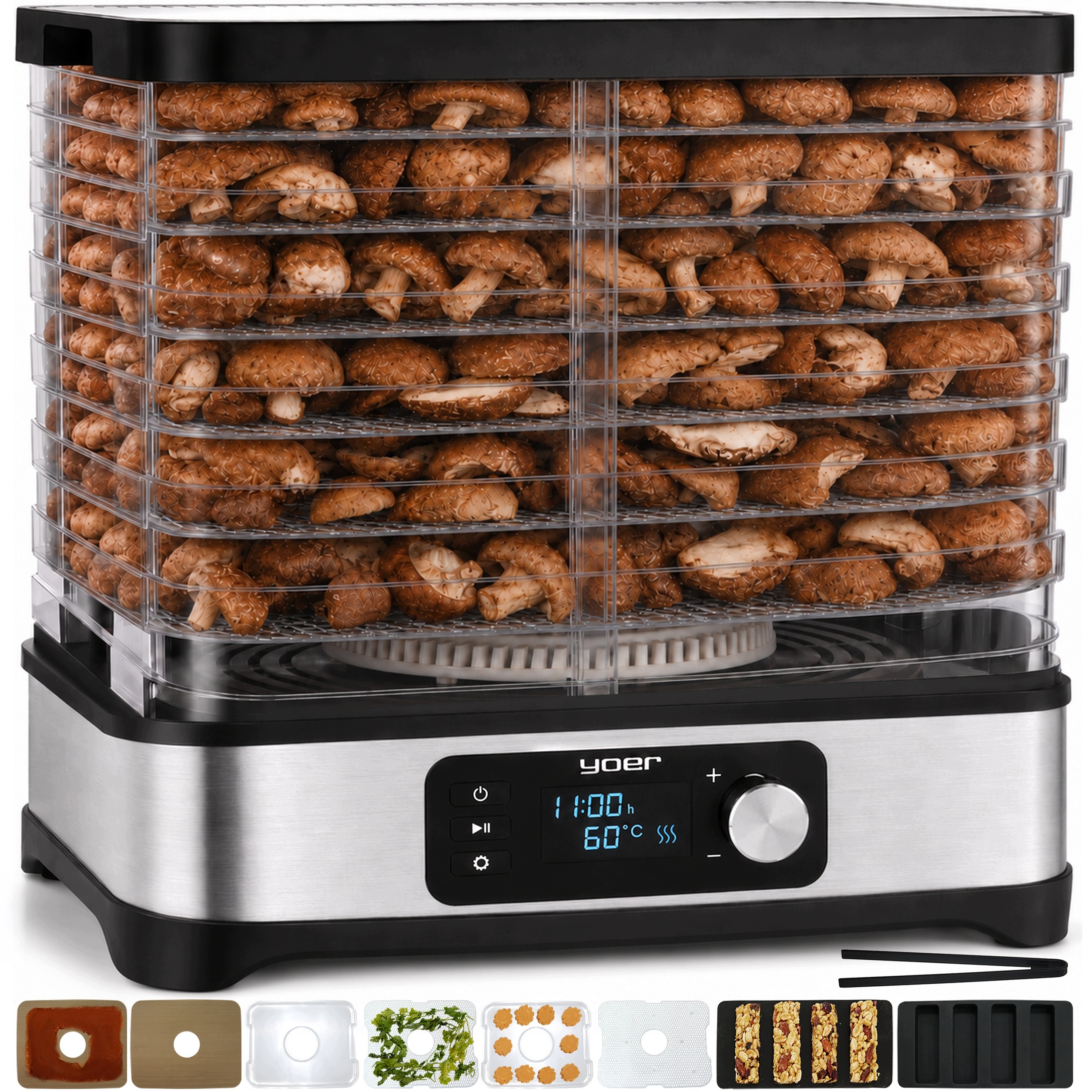 Suszarka do grzybów owoców Yoer 630W duża 15L Inox Timer +Termoobieg +6 sit