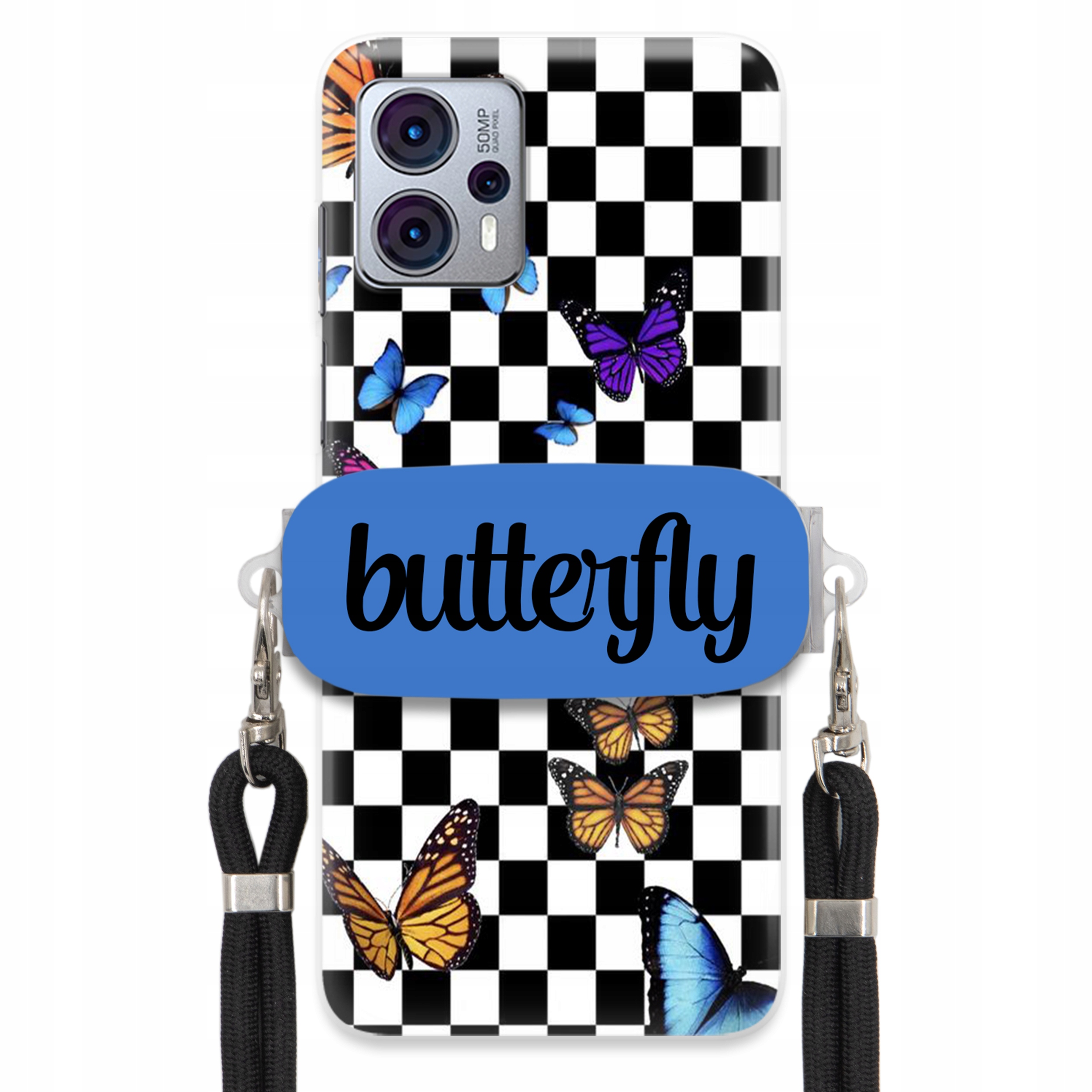 Puzdro Pre Motorola G23 Case, Obdĺžnikový Držiak, Čierne Vodítko, Butterfly Motýle