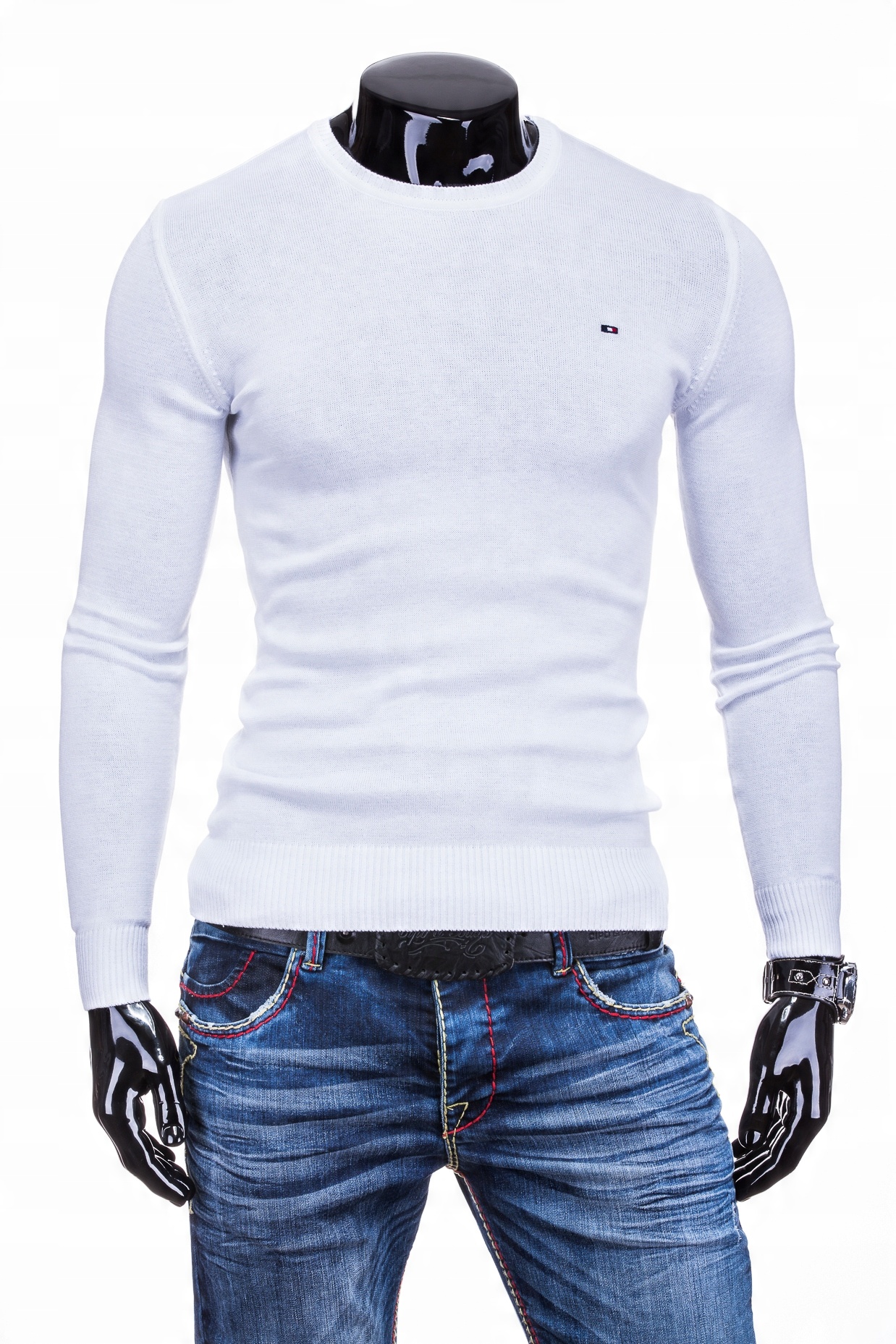 

Sweter Męski Biały Cienki Klasyczny Gładki Basic L