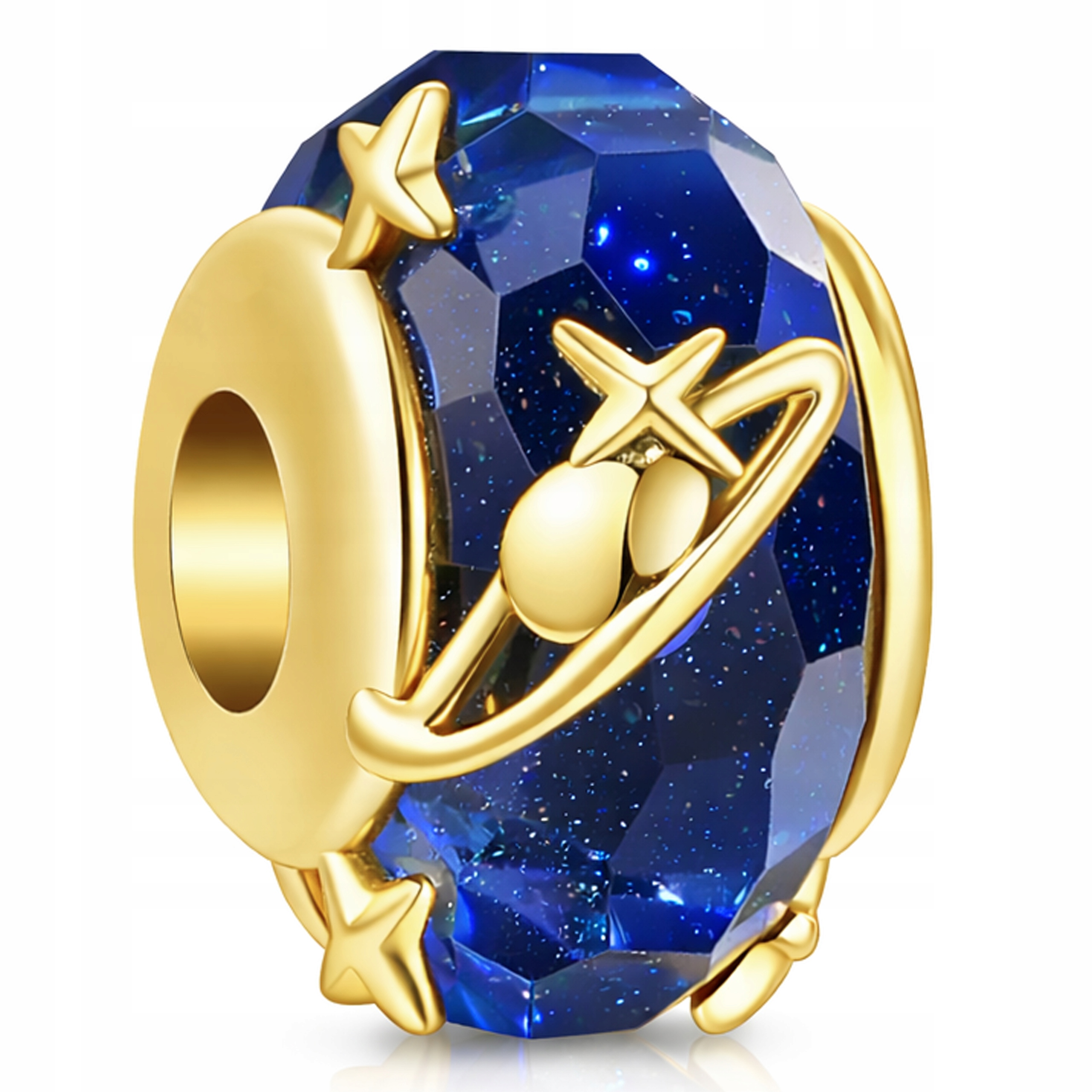 Zlatý Charms Safírový korálek s hvězdami Planetou Vesmír Saturn Stříbro 925