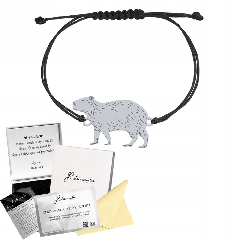 Stříbrný náramek Kapybara Šňůrka Šperky Narozeniny Gravírování Bonus