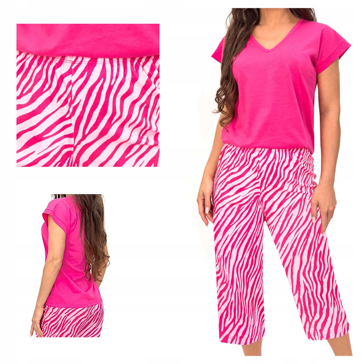 Donna Dámské bavlněné pyžamo s rukávem Zebra 3/4 kalhoty růžové S