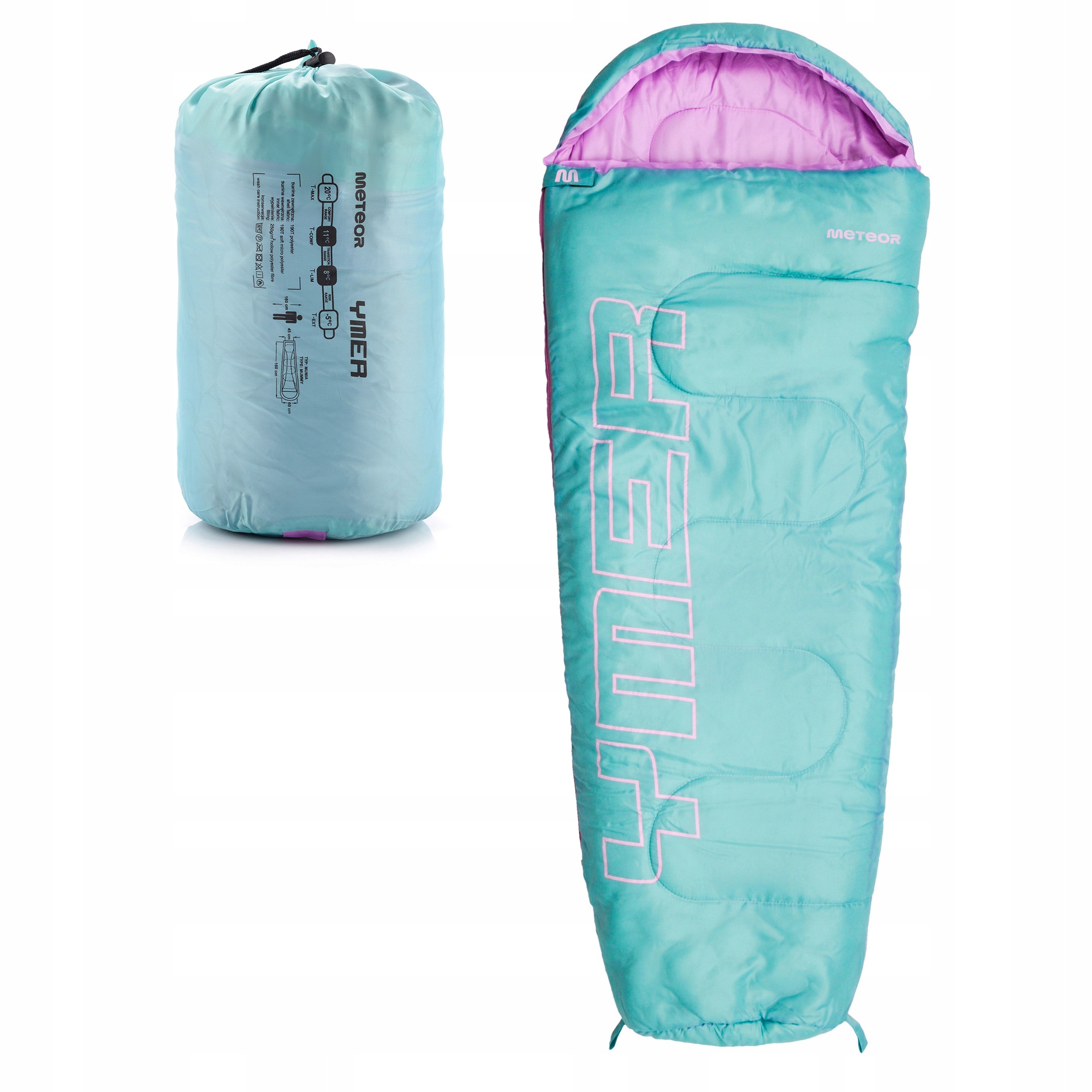 Śpiwór Dla Dzieci Z Pokrowcem Meteor mumia Ymer (130+30)x60/40 kompaktowy