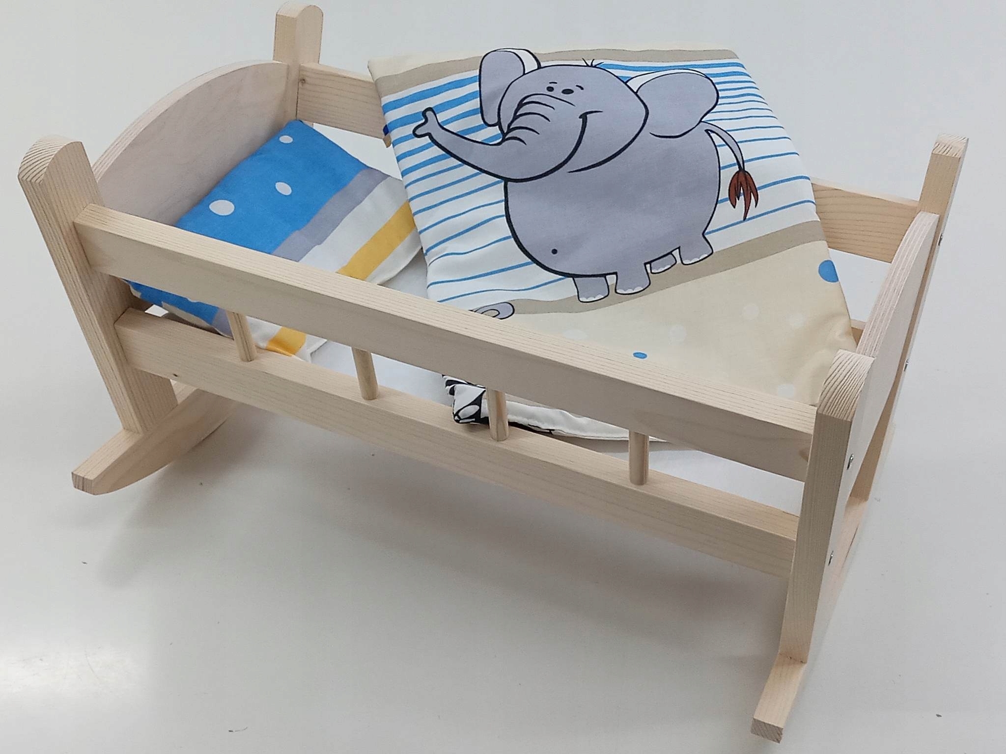 KOŁYSKA DREWNIANA dla lalek NIEMALOWANA + POŚCIEL