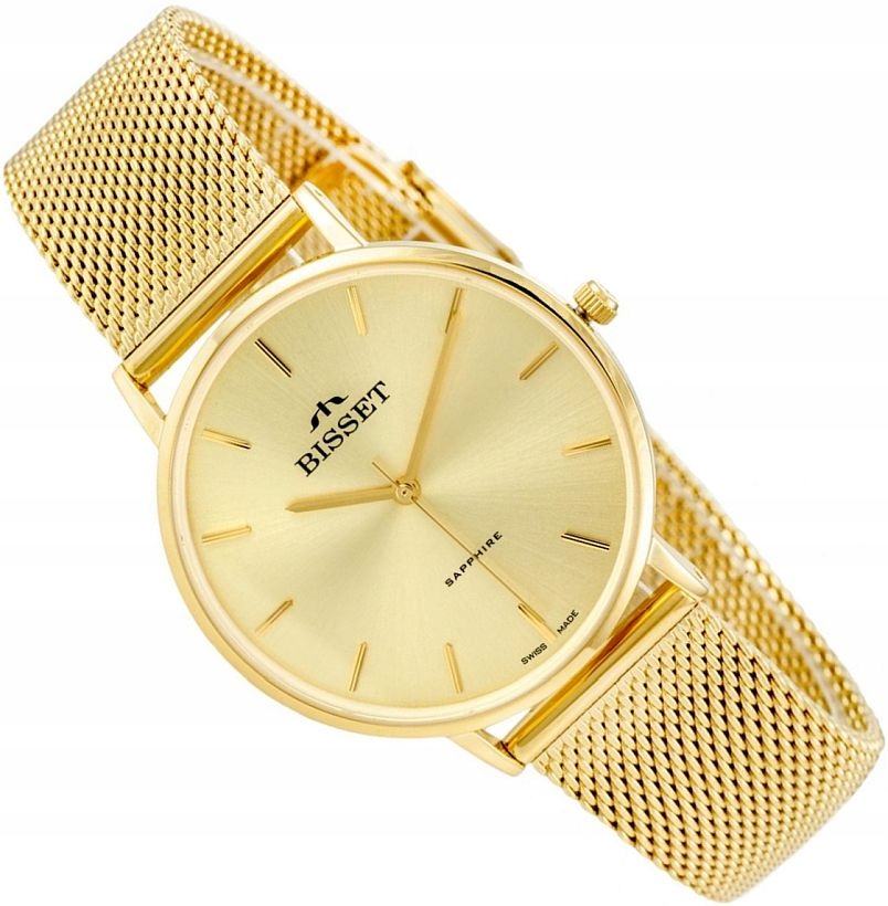 Zlaté Švýcarské Dámské Hodinky Bisset BSBF32 Mesh Safírové Sklo 33 mm