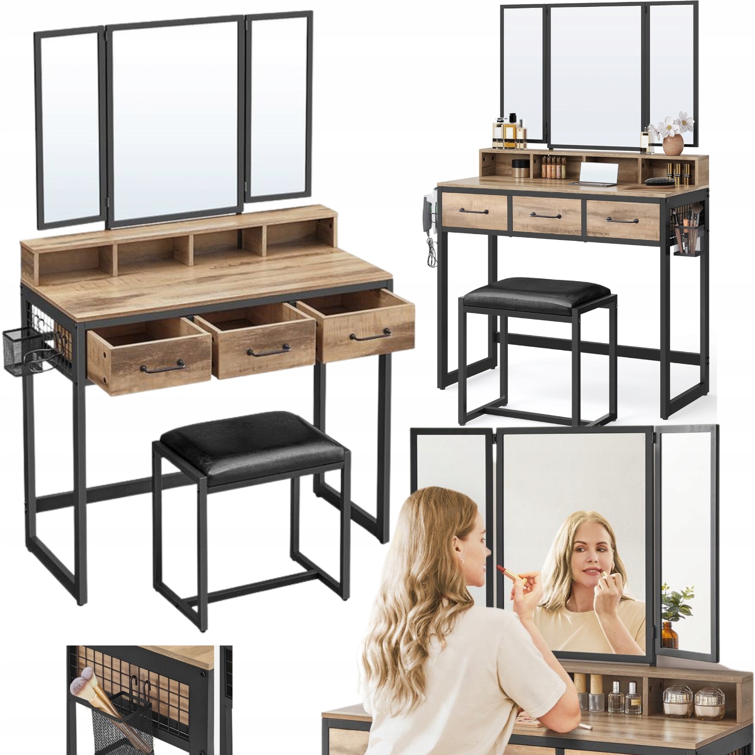 Kozmetická toaletná taška s trojitým zrkadlom a stoličkou, zrkadlo, skladacia komoda