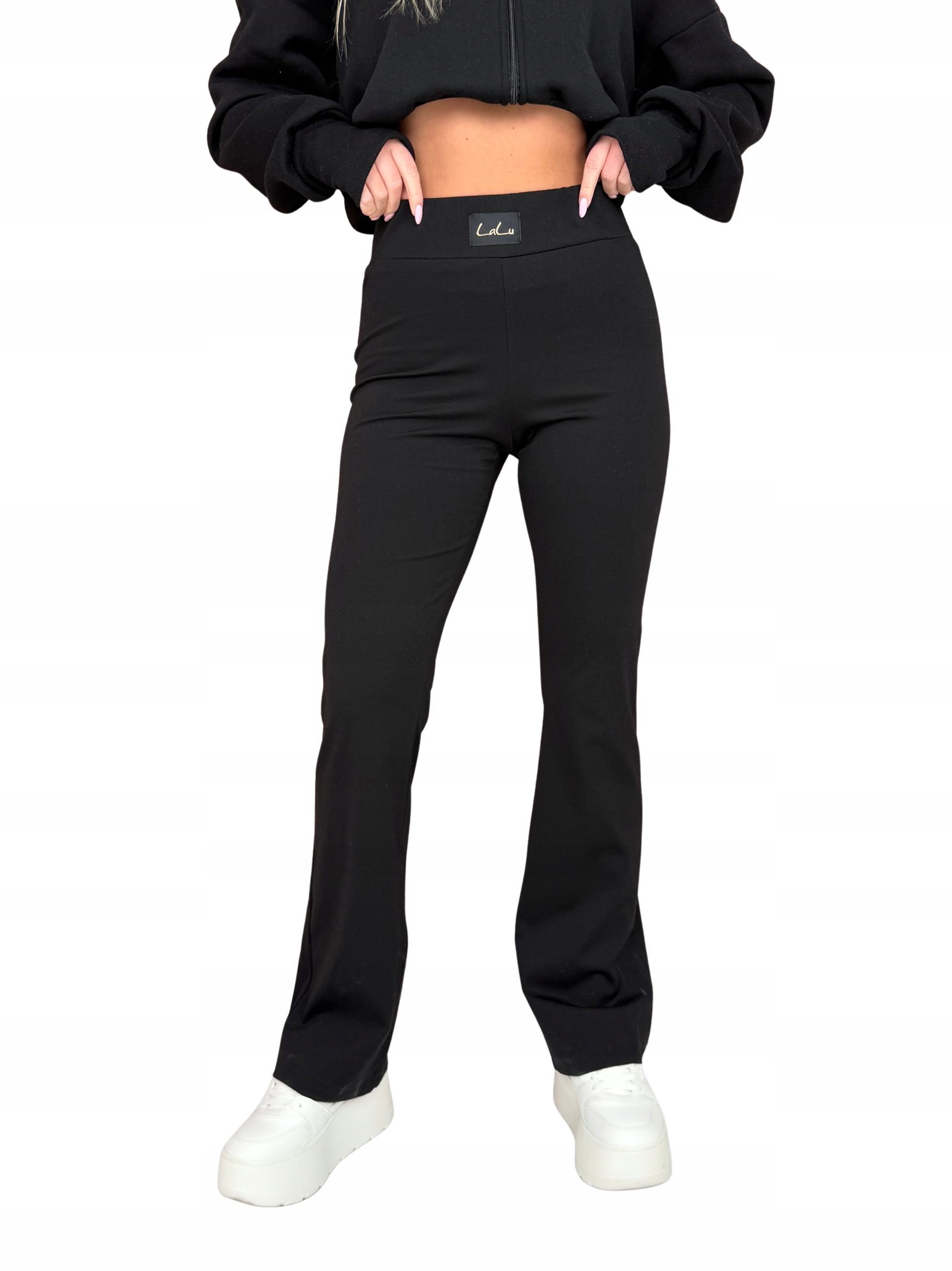 Spodnie dzwony damskie elastyczne wysoki stan LaLu czarne