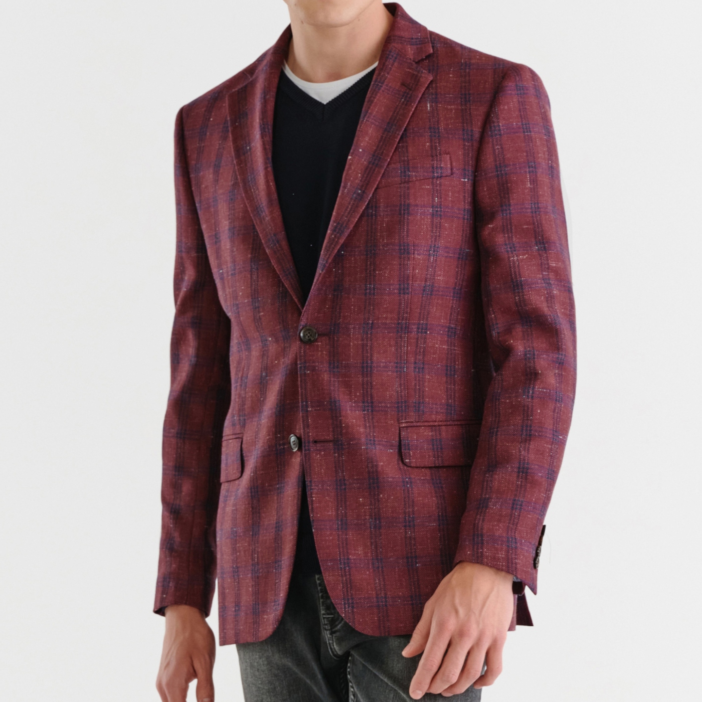 Bordó sako bunda Slim Fit s kostkovaným vzorem Pako Lorente 182/48